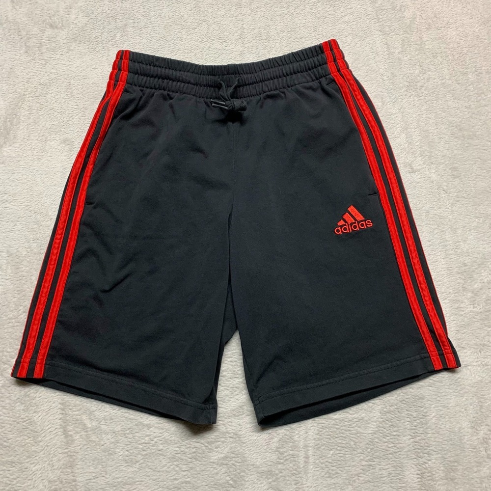 Adidas Cotton Drawstring Shorts Mens S Black Red 3 Stripe